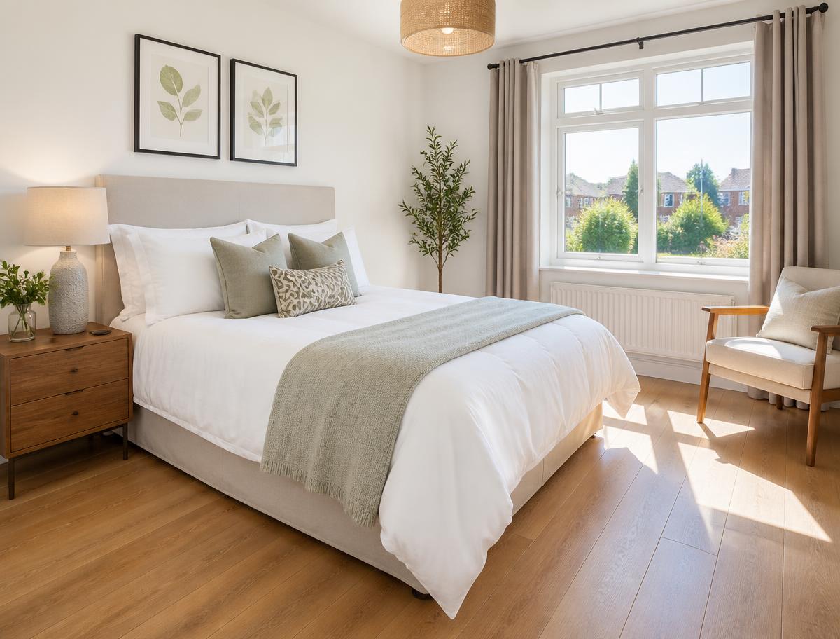 Freshly cleaned bright bedroom with crisp bedding and spotless floor