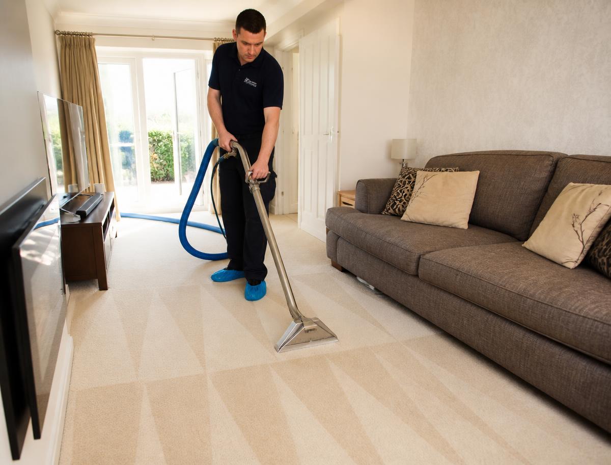 Carpet cleaning machine leaving clean stripes across a living room carpet