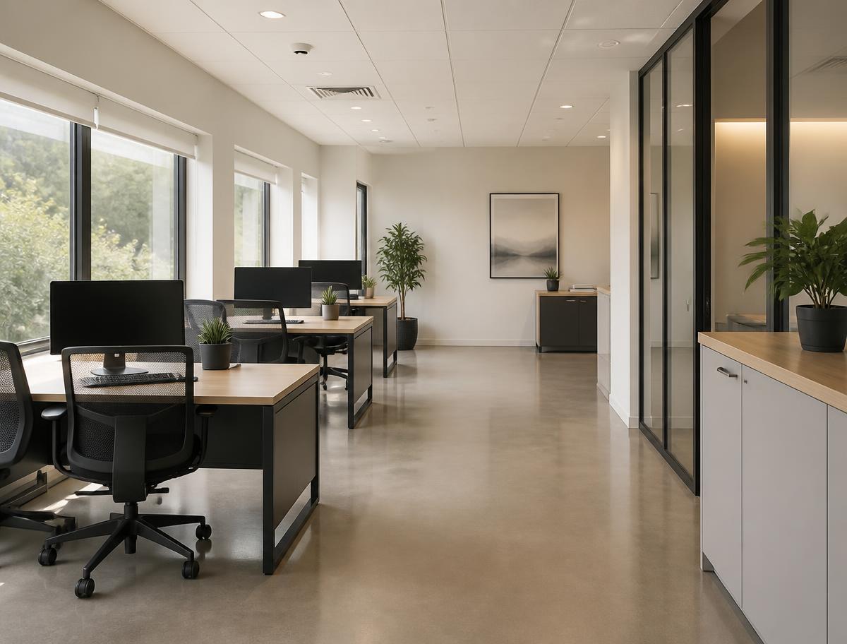 Tidy modern office workspace with spotless floors after a commercial clean